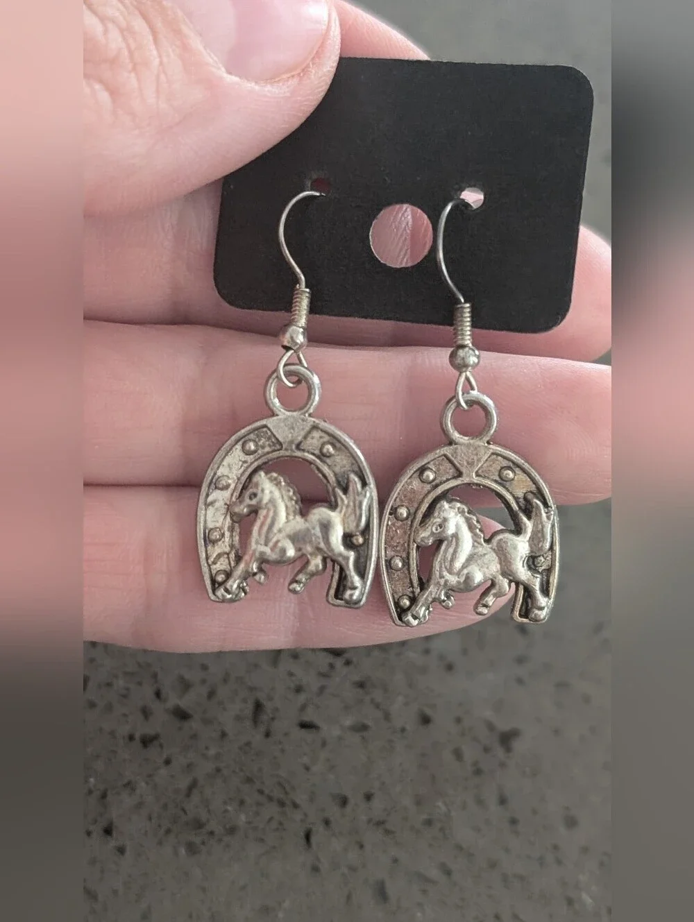Fashion Jewelry Silver Horse & Horseshoe Dangle Earrings